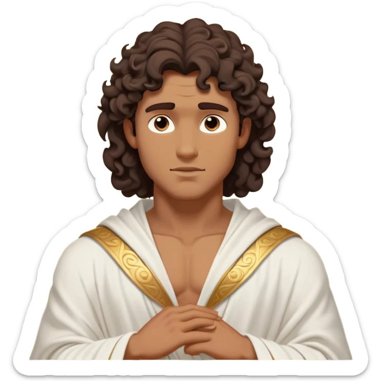 Cinematic Realistic Hercules Portrait, depicted as a classical Greek hero inspired by the Disney version yet echoing the refined proportions and serene dignity of Michelangelo's David. His idealized, tan skin glows with timeless strength, and his thick, curly wavy dark brownhair falls in natural, sculpted curls. Draped in a flowing white robe with delicate golden accents, his expressive eyes radiate determined nobility, all rendered under dynamic natural lighting with a mythic, radiant glow. sticker