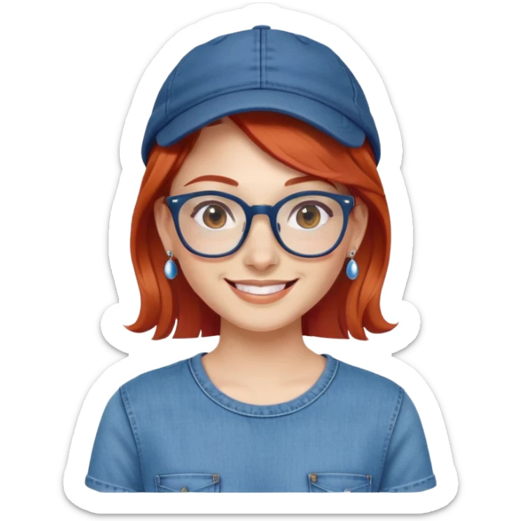 jovem de cabelos ruivos, oculos, brincos e um sorriso maravilhoso. A roupa deve ser em azul, calça jeans e boné sticker