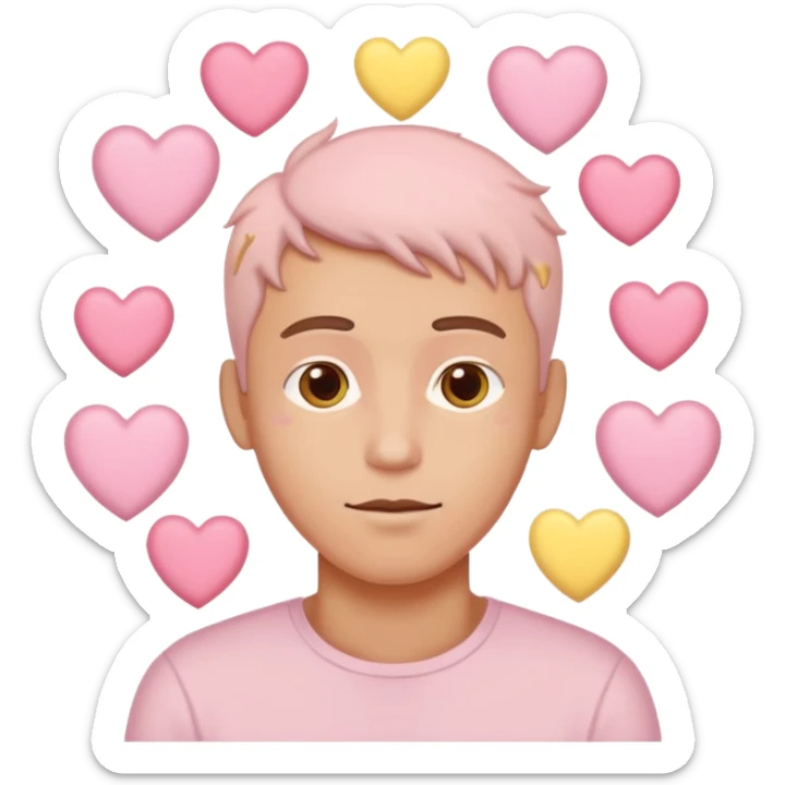 A man with hearts around his head in soft pink, beige and yellow pastel colors sticker