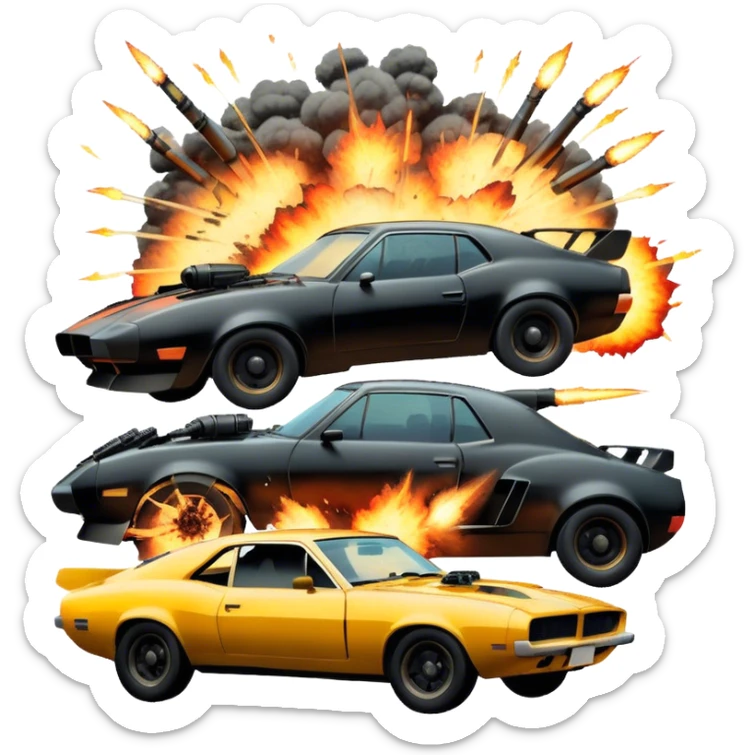 Photorealistic Icon for Action Movies: Dynamic close-up collage of iconic action movie scenes featuring explosions, fast car, combat and weapons. Include silhouettes of famous action heroes, dramatic lighting and a sense of high-octane energy. Transparent background. sticker