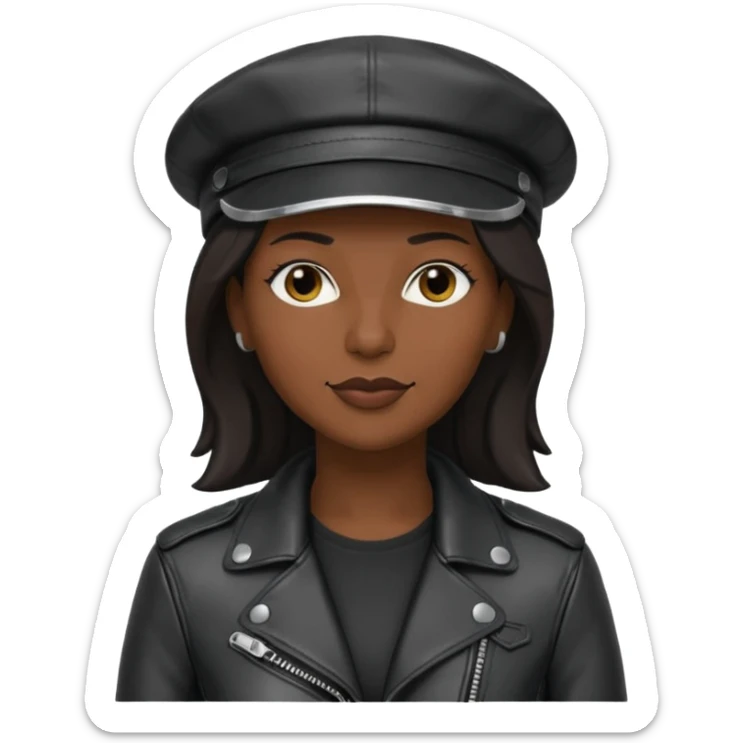 a leather Dom lesbian woman in her 40s with a black leather cap and black leather jacket sticker