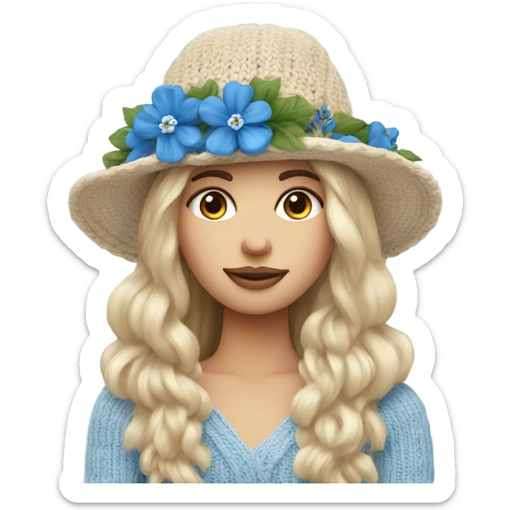beautiful finnish long hair woman with blue eye knitting floral hat sticker
