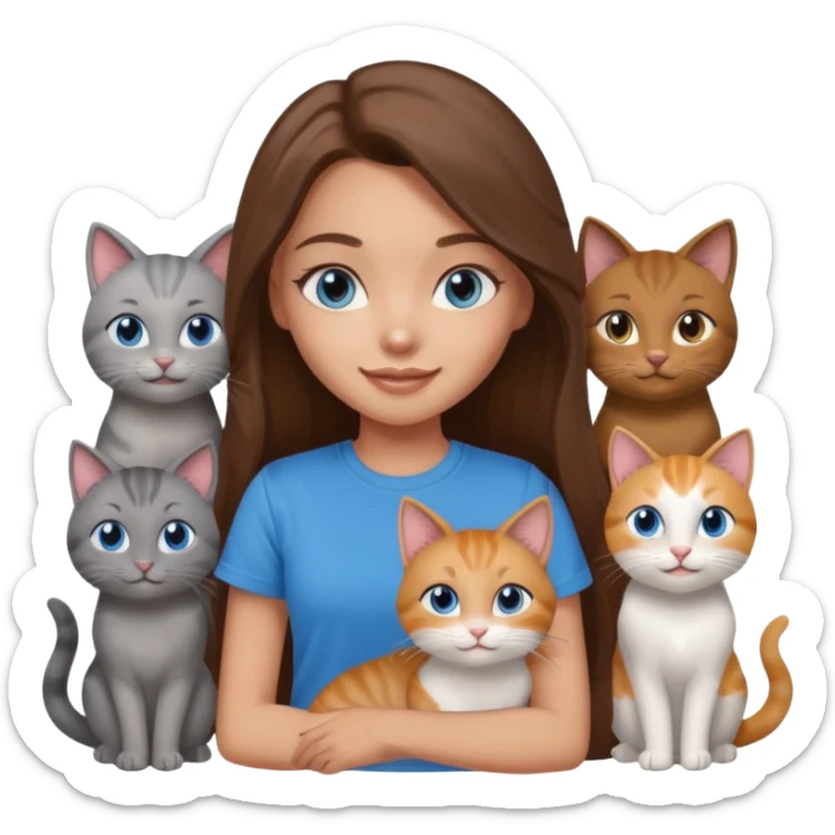 a pretty bratz dusky light skin girl with long brown hair, blue eyes with six cats nd wearing a grey tshirt sticker