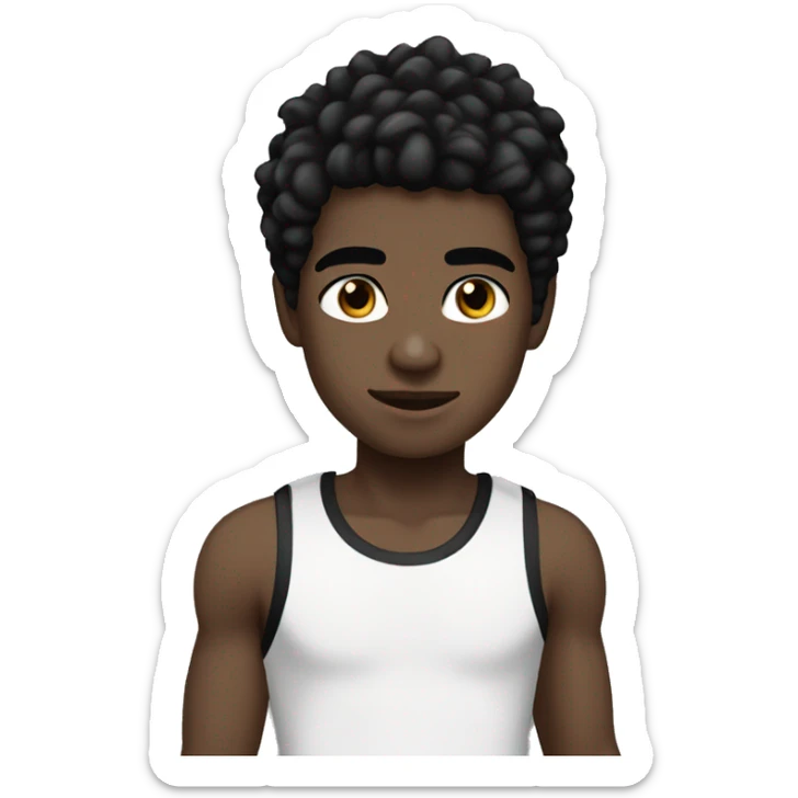 Boy with black hair black eyes and black tank top and white the color skin  sticker