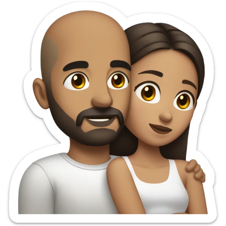 Comforting hug from brunette Puerto Rican with dark brown eyes to short, bald man with brown eyes and a beard sticker