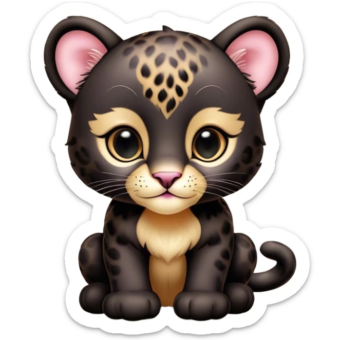 Cinematic Cute Baby Panther Portrait Emoji, Head tilted playfully and inquisitively, with a delightfully compact form accented by soft, velvety fur and round, sparkling eyes filled with wonder, Simplified yet irresistibly adorable features, highly detailed, glowing with a warm, inviting glow, high shine, affectionate and lively, stylized with a touch of whimsical cuteness, bright and endearing, soft glowing outline, capturing the essence of a mischievous yet loving baby panther that seems as if it could tumble out of the screen into your arms! sticker