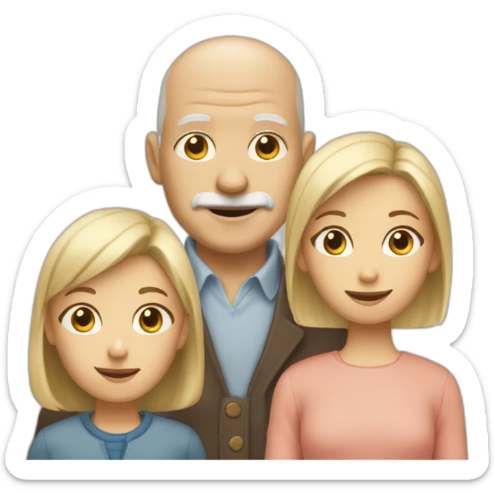 emoji of an old bald man with 4 kids, 3 girls, 1 blond hair, 2 brown hair, 1 boy with blond hair and an old blond women sticker