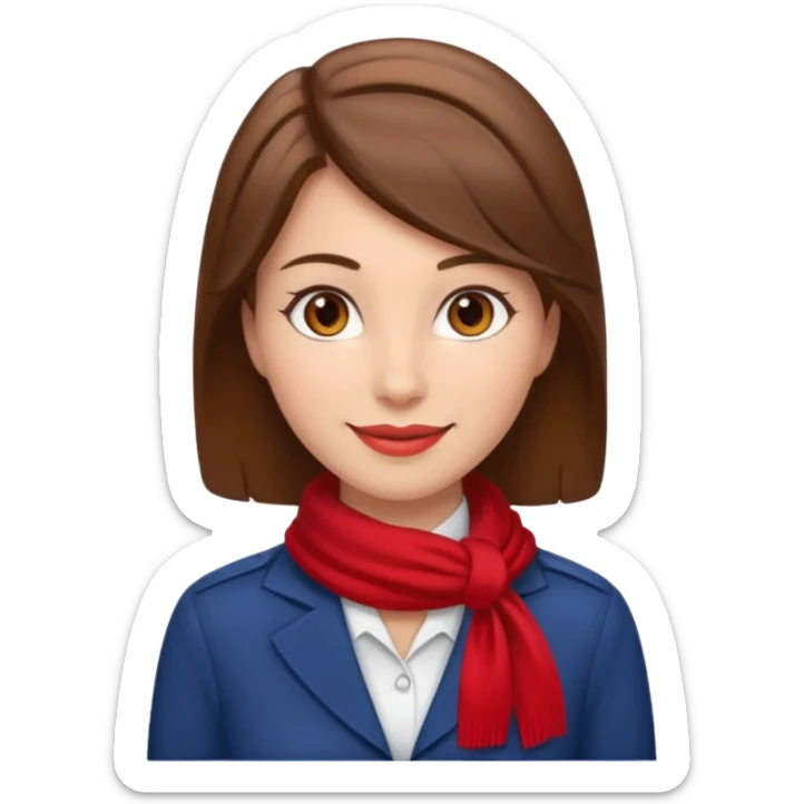 Female flight attendant, with red scarf, white shirt, brown hair, brown eyes, iOS emoji-type face, fair skin  sticker