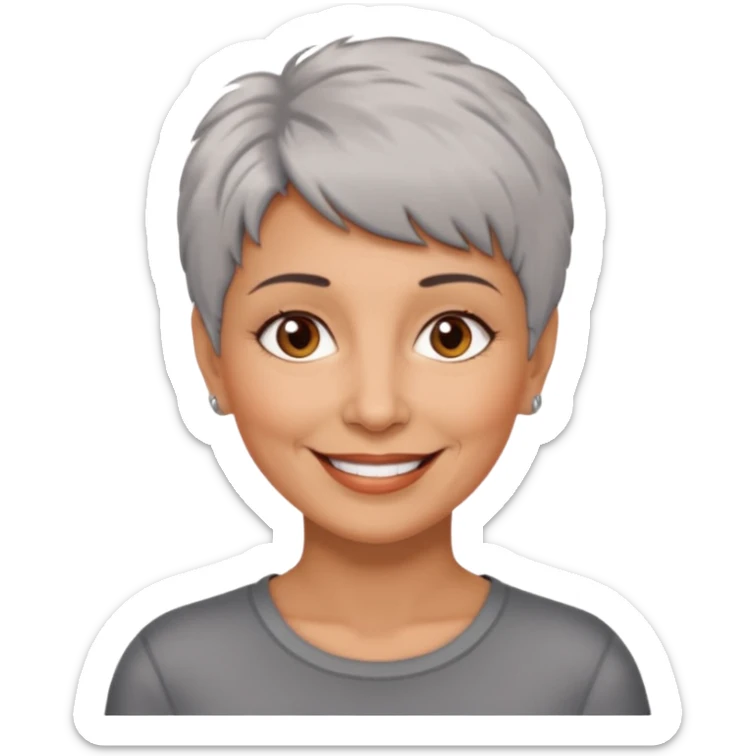 woman 50 years old, short grey fluffy cut hair, tannes skin and brown eyes sticker