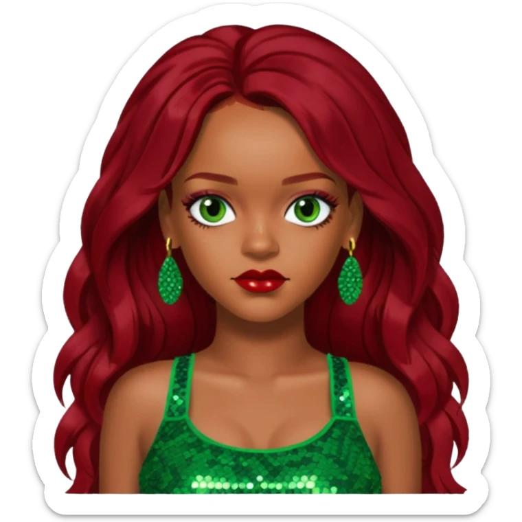 Rihanna with dark red long hair, green sequin crop top, hazel eye sticker