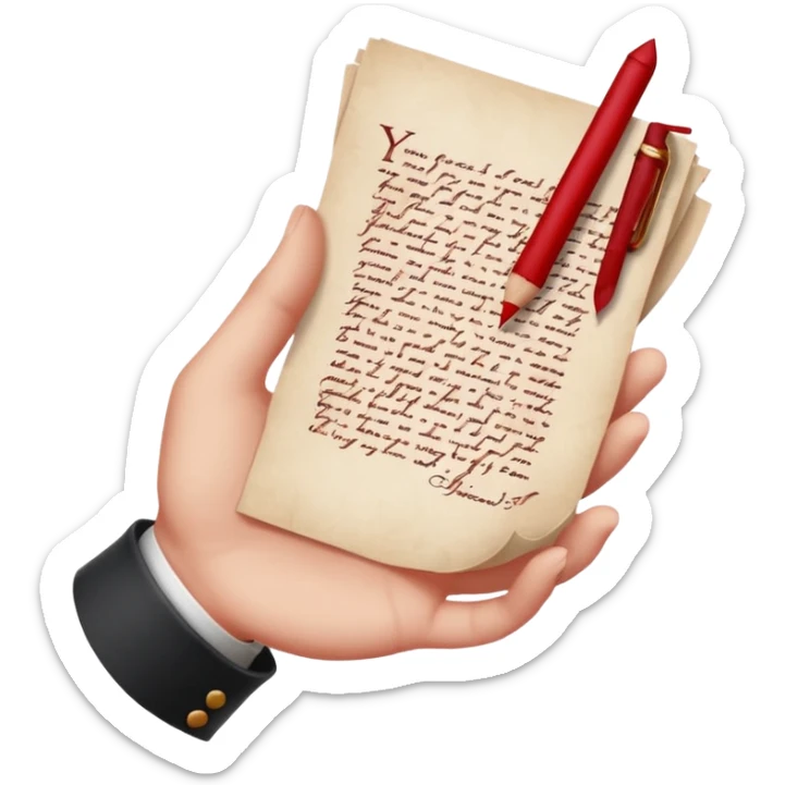 Minimalist emoji-style sticker of a pale hand signing a parchment contract titled “YOUR SOUL” in gothic font, muted red ink, grayscale background sticker