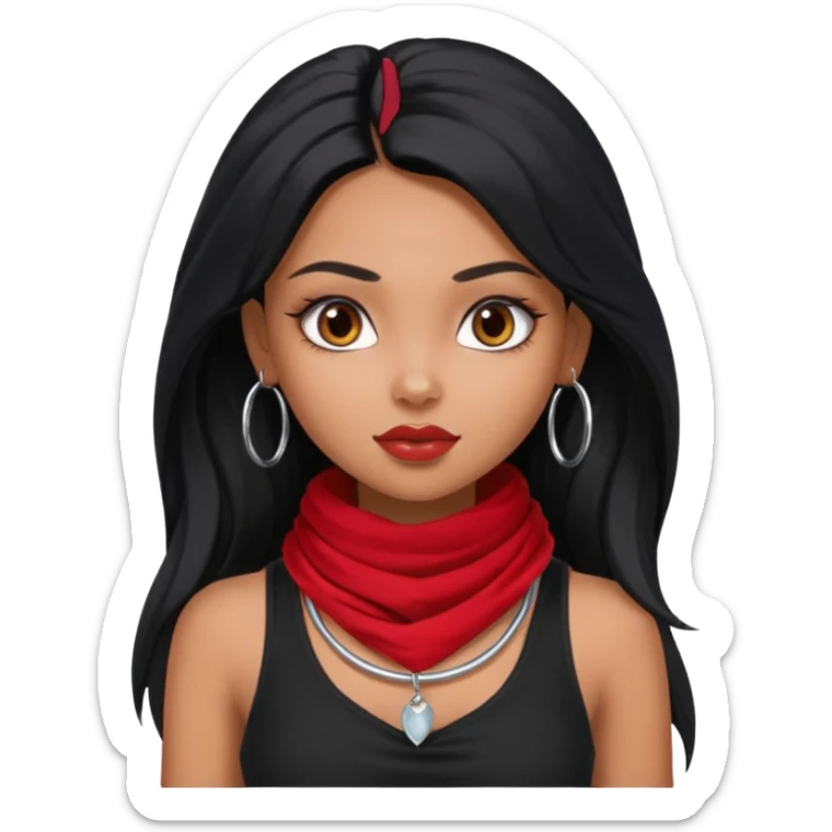 a pretty bratz dusky girl with long black hair, kajal under eyes, small silver hoop. black tank top on. Red scarf around neck sticker