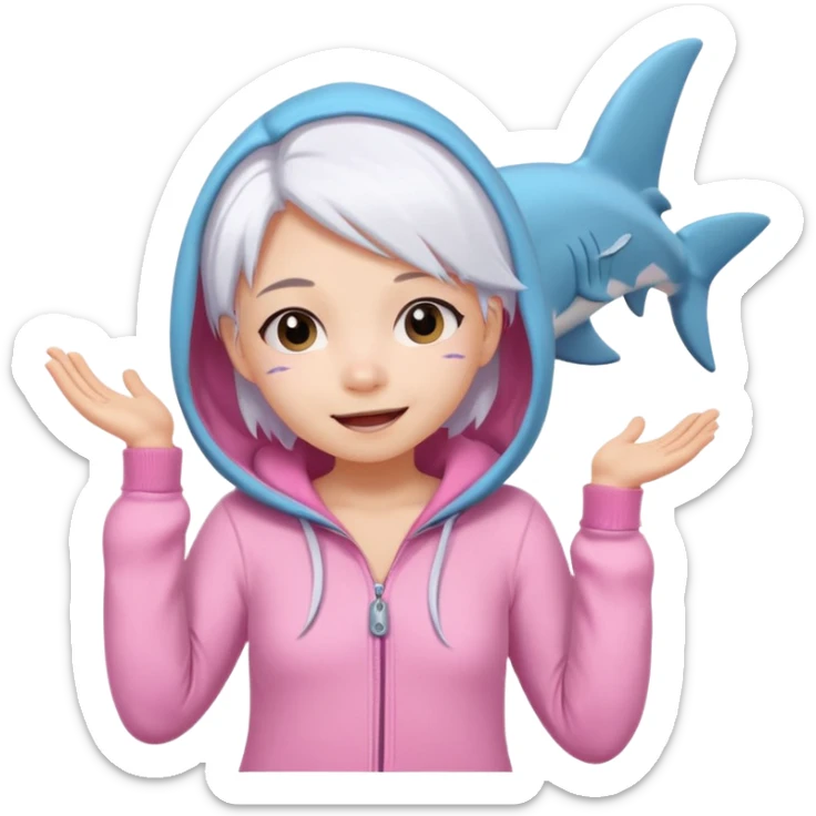cute girl with white hair wearing a pink shark onesie, showing playful emotions sticker