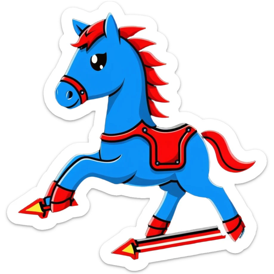 fast electric horse made of electricity, metal plates, bolts, visible blue and red wires, lightning coursing through its body, robotic appearance sticker