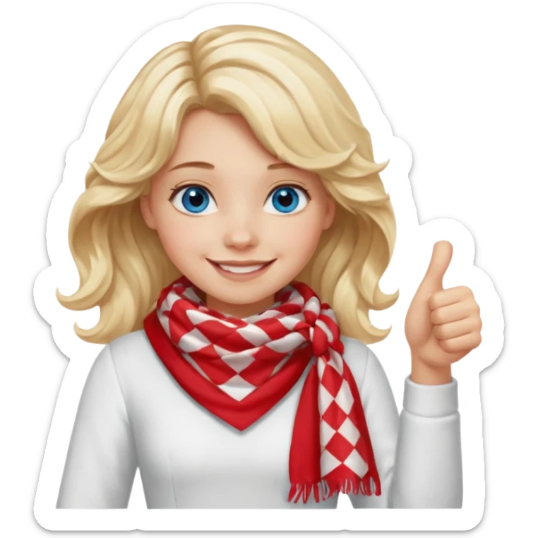Blonde Girl, Blue Eyes, wavy hair, smiling, thumbs up, wearing red Checkered Triangle scarf, white dress sticker