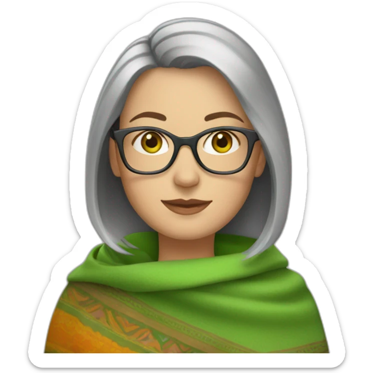 white-woman-with-gray-short-bob-green-eyes-and-brown-glasses-wearing-colorful-shawl sticker