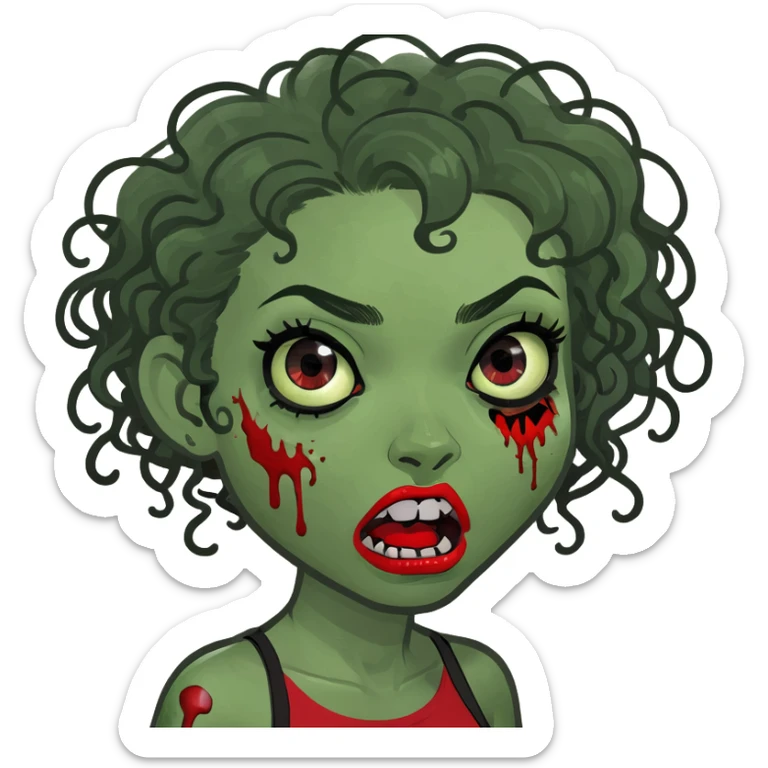 zombie girl with curly black hair and red streaks, memoji style, expressive face, zombie details sticker
