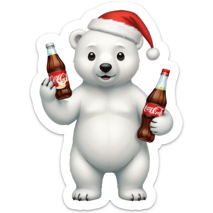 full body polar bear with christmas hat on with a bottle of coca cola  sticker