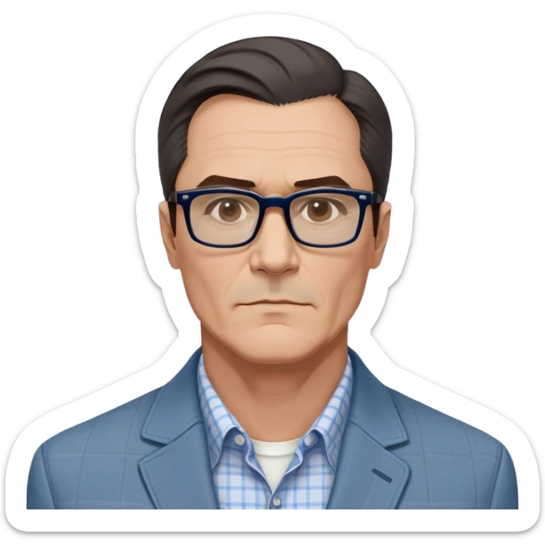 50-year-old man with very prominent and large square jawline that's wider than the rest of his face. Large dark square glasses, short straight hair combed to the side with some gray. Serious-relaxed expression. Light gray jacket, white shirt with blue checkered pattern. sticker