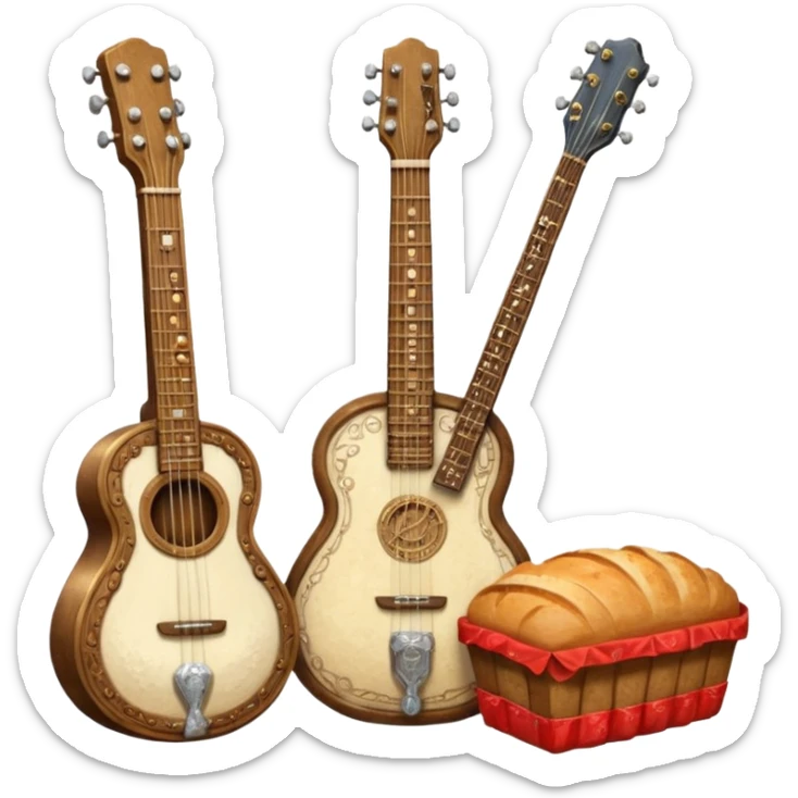 steampunk - a bottle of salt (salt shaker) and a loaf of peasant bread with a small electric guitar sticker