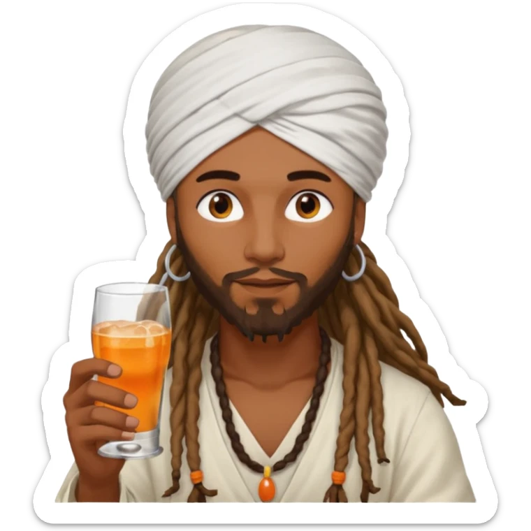 Brownskin man with long dreadlocks add a white turban on his head orange shirt drinking alcohol sticker