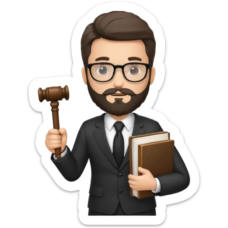 Create a male lawyer. he is wearing a fromal suit jckeret. He is holding a gavel in one hand and a book tucked under his another arm. He has beard and glasses without the glass lol. And the hair is kinda darker but not black sticker
