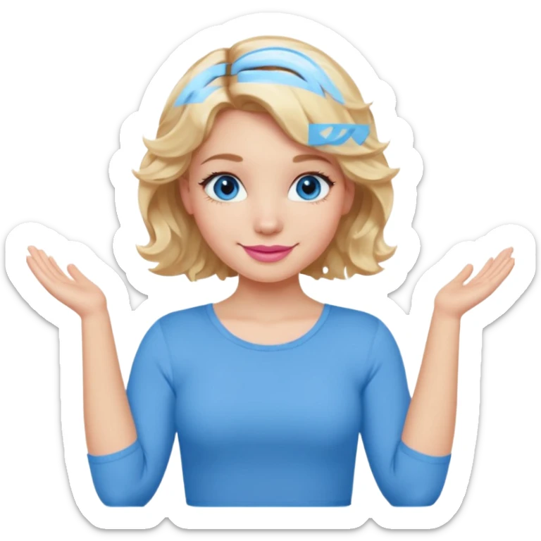 Girl Blonde short wavy hair,  blue eyes, cute blue top, long lashes, pink lips, smiling, making cross arms with arms  sticker