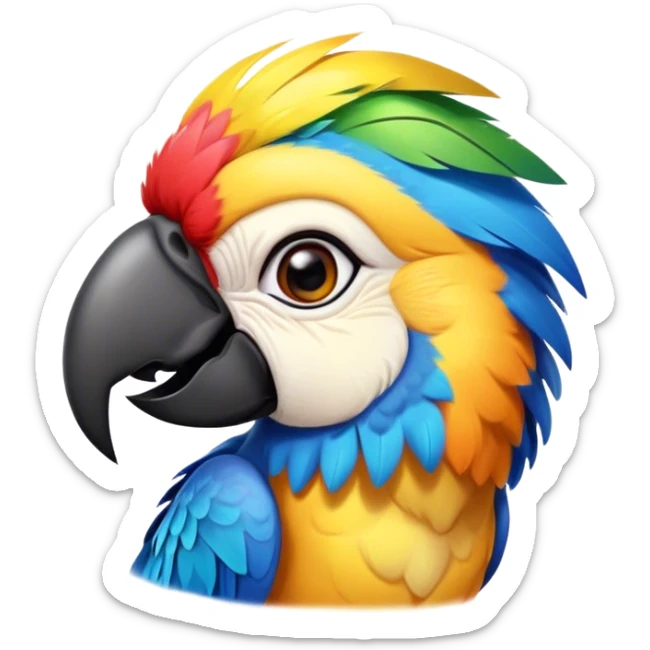 Cinematic Cute Macaw Portrait Emoji, Head tilted playfully and inquisitively, with a dazzling array of colorful plumage and round, sparkling eyes filled with charm, Simplified yet irresistibly adorable features, highly detailed, glowing with a warm, friendly tropical glow, high shine, affectionate and lively, stylized with a touch of whimsical vibrancy, bright and endearing, soft glowing outline, capturing the essence of a mischievous yet loving parrot that seems as if it could flutter out of the screen into your arms! sticker