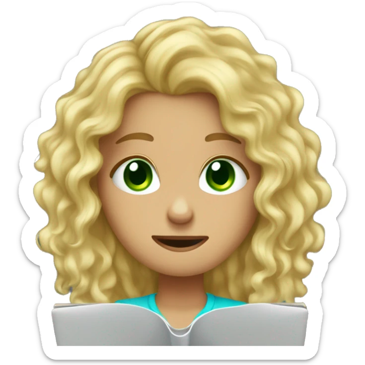 Long blonde curly hair green eyed girl working on laptop and crying  sticker
