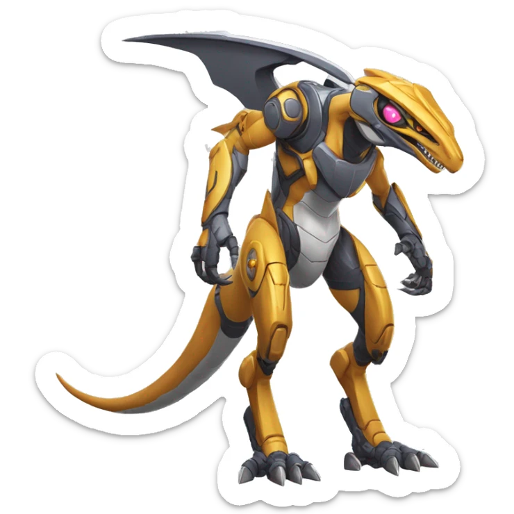 Colorful Edgy Greymon-Velociraptor-Genesect-Fakémon-Pokémon wearing a with a futuristic visor-helmet And Mecha-suit Full Body sticker