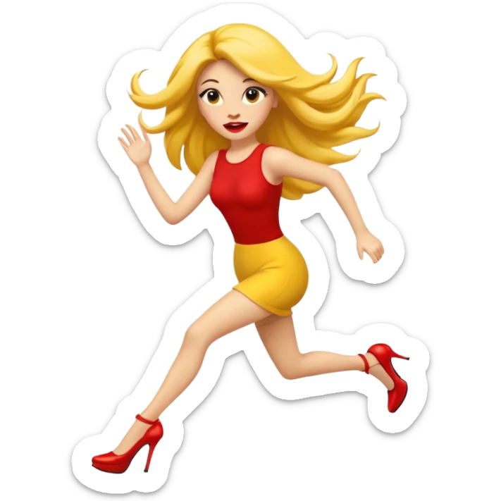 circular yellow traditional emoji with long fake lashes, big red lips, long hair, hovering feet in heels, running to the left sticker