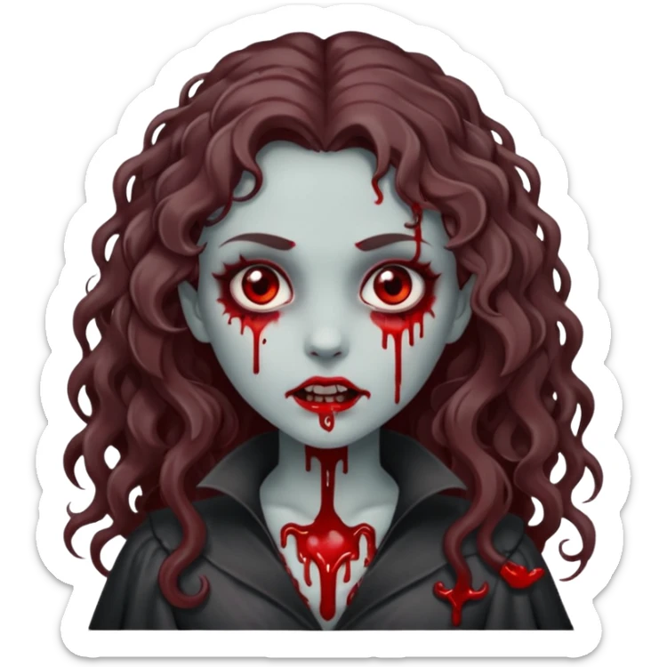 Vampire zombie girl with blood. Gray skin and long brown curly hair sticker