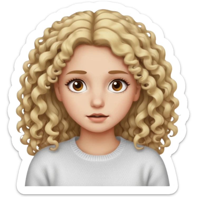 a dirty blonde girl with brown eyes and make her wearing a white sweater with curly hair and white skin color, long hair and big lashes sticker