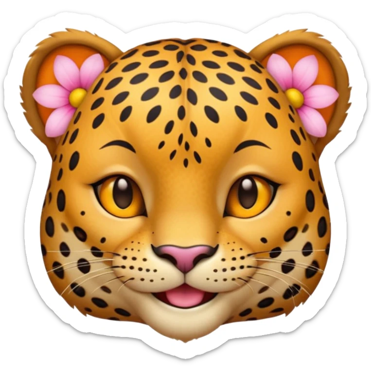 A leopard with smile and mouth closed, A pink flower with a yellow center is tucked behind its right ear
 sticker