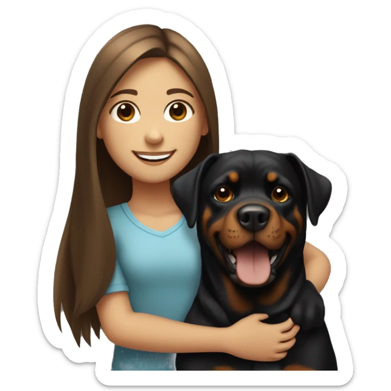 smiling fair skinned girl with long straight brown hair holding a rottweiler sticker