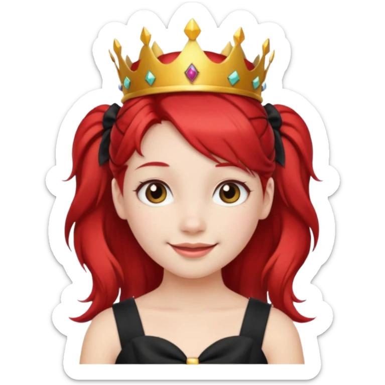 A red pigtail hair girl with a crown smiling gently and black bow on her hair sticker