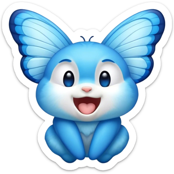 Cinematic Realistic Cute Yawning Blue Butterfly Portrait Emoji, Head tilted slightly with a dramatic, wide-open yawn, showcasing soft, downy sapphire wings with delicate, natural droop and half-closed, drowsy eyes rendered in exquisite detail, high shine, relaxed yet expressive, styled with a dash of subtle garden charm, soft glowing outline, capturing the essence of a sleepy yet affectionate blue butterfly that appears ready to rest its wings in quiet, enchanted slumber! sticker