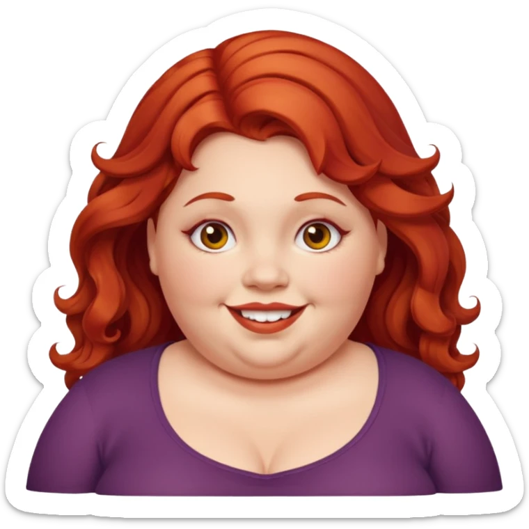 Obese girl with red wavy hair and a crooked smile sticker