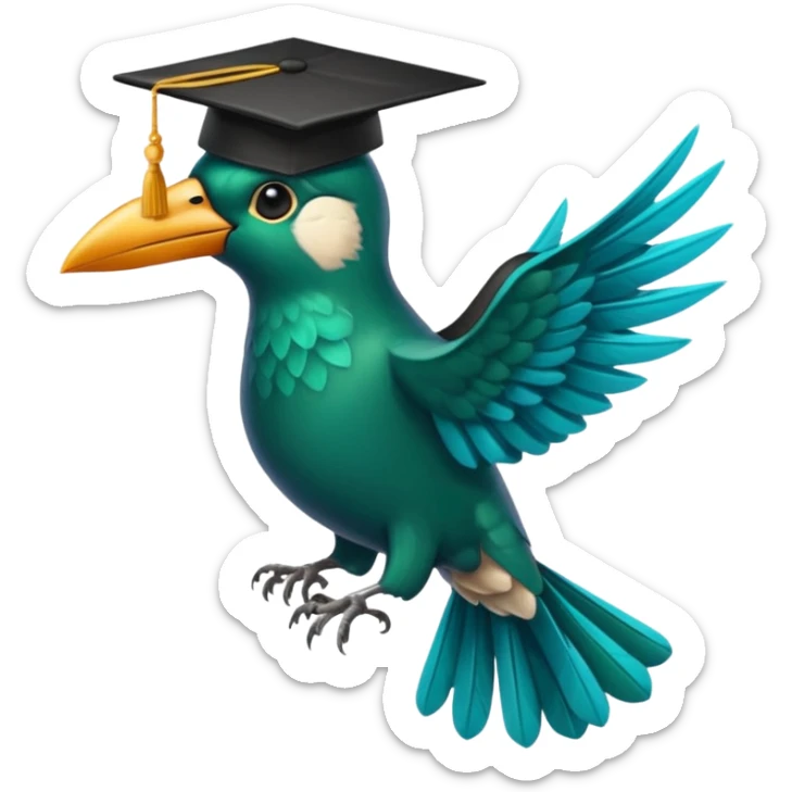 Un COLIBRÍ con birrete de graduación y que el colibrí sea turquesa oscuro, que este se vea bastante realista  sticker