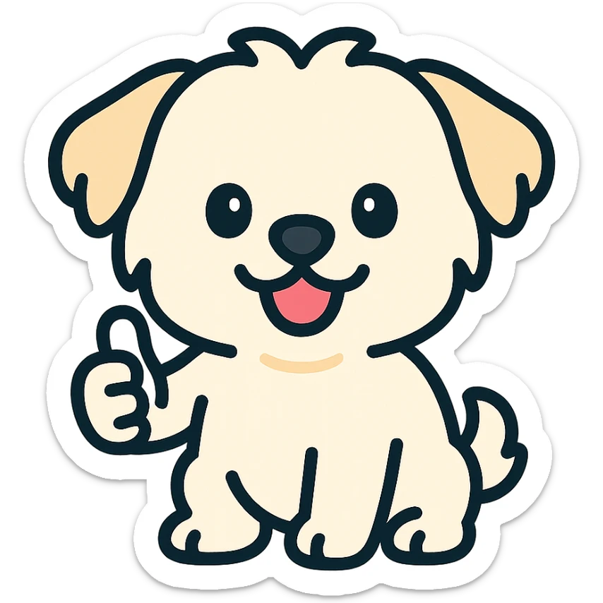cartoon Maltese puppy giving a thumbs up, vibrant colors, outlined sticker