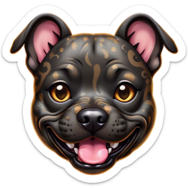Cinematic Comical Black/Brindle Staffordshire Bull Terrier Portrait Emoji, Head tilted dramatically with an exaggeratedly amused expression, featuring a striking Fur with bold black and brindle patterns, wide, expressive dark eyes filled with playful disbelief, Simplified yet hilariously expressive features, highly detailed, glowing with a slightly sassy glow, high shine, dramatic yet playful, stylized with an air of cheeky mischief, bright and endearing, soft glowing outline, capturing the essence of a spirited and over-the-top guardian, so meme-worthy it feels like it could side-eye its way into internet fame instantly! sticker