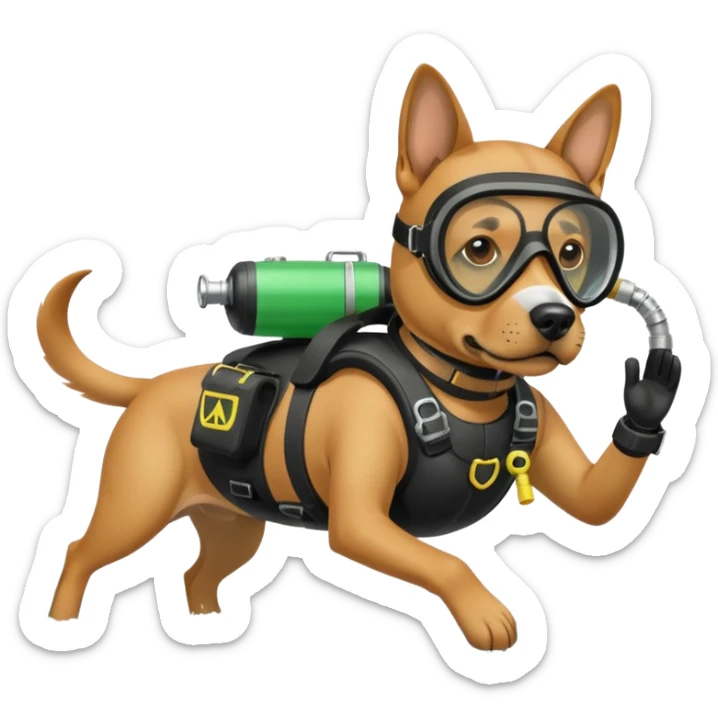 dog wearing scuba green gear dive into the sea with diver mask and oxygen tank sticker