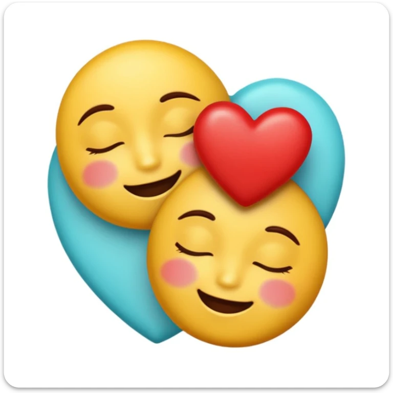 Apple emoji aesthetic: yellow emoji with closed eyes, gentle smile, soft gradient shading, flat cyan background, one red heart at top right, two shiny chocolate pieces instead of other hearts, realistic, glossy, rounded, clean, digital, smooth sticker