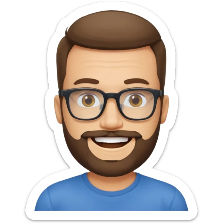 portrait of adult man, wearing a t-shirt, square glasses, grinning face sticker