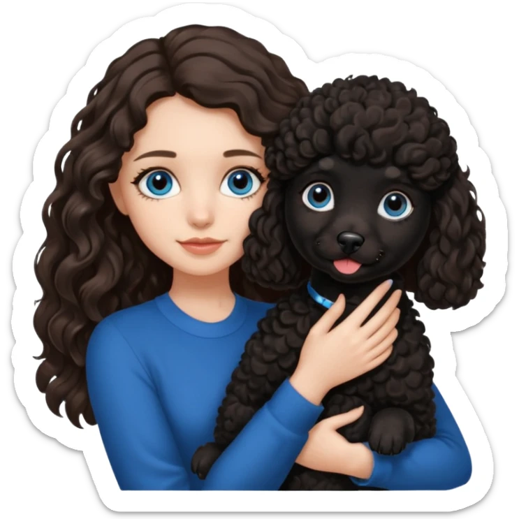 Brunette girl with long wavy hair and blue eyes holding one black puppy poodle with black fur and brown eyes. No decoration on the dog.  sticker