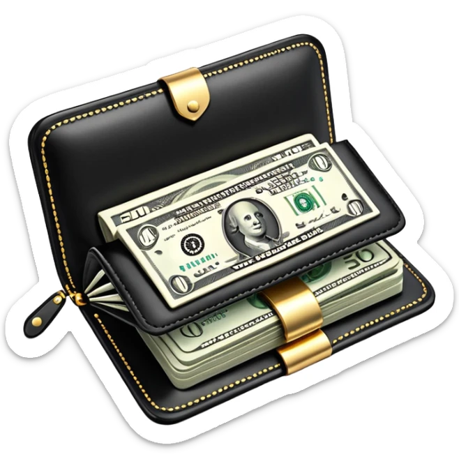 Rich emoji style black leather wallet with dollar bills, luxury money vibe, premium 3D emoji, ultra clean, high detail, no background sticker