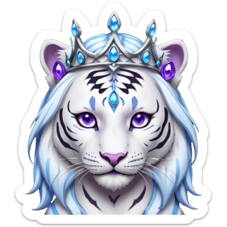 ESO Female white/black tiger khajiit leader of the umbral rose, glowing blue eyes, glowing blue 'third eye' gem; silver crown/tiara with purple gems  sticker