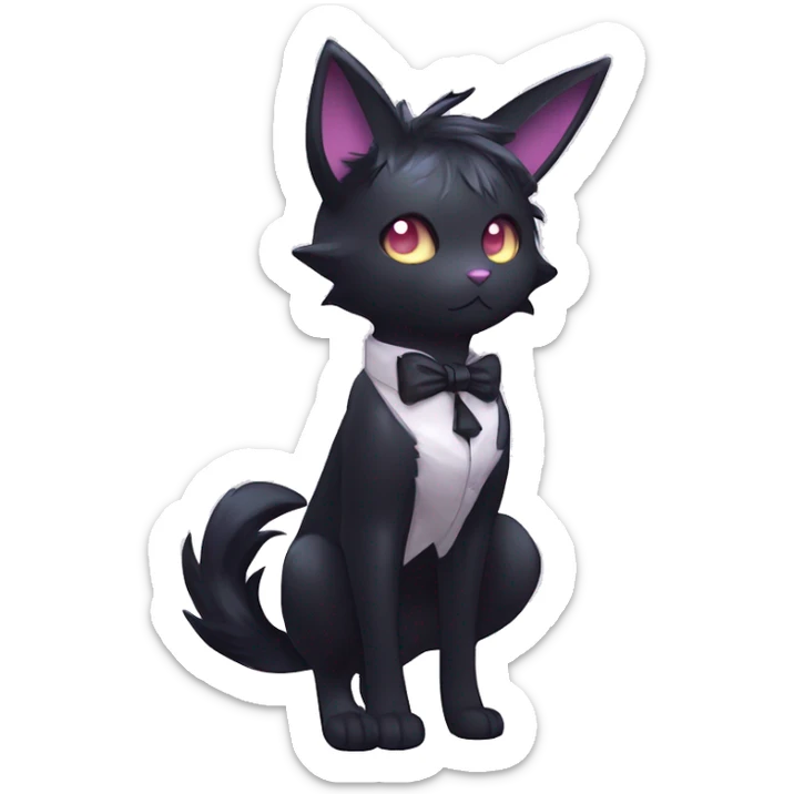 Shiny Cool Edgy Emo pastel Black beautiful ethereal fantasy Kawaii Sona Umbreon-Noibat-Litten-Fakemon-cat-animal with edgy bat-ears bow tie black mane vtuber model Full Body sticker