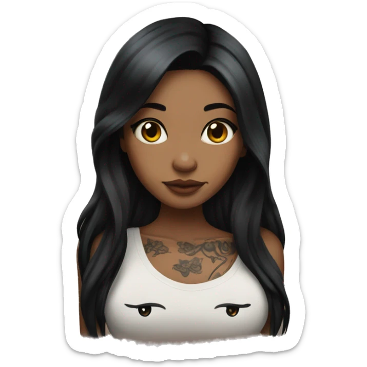 beautiful girl with tattoos, with long black hair and medium skin  , with black kitty sticker