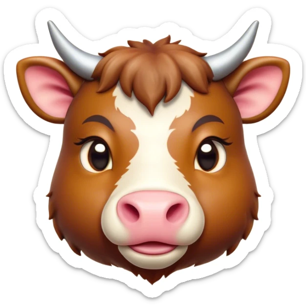 Cinematic Cute Domestic Ox Portrait Emoji, Head tilted playfully and inquisitively, with a robust, compact build and a polished hide adorned with subtle natural patterns, round, sparkling eyes full of gentle curiosity, Simplified yet irresistibly adorable features, highly detailed, glowing with a warm, friendly glow, high shine, affectionate and grounded, stylized with a touch of rustic charm, soft glowing outline, capturing the essence of a mischievous yet loving ox that feels like it could amble out of the screen into your arms! sticker